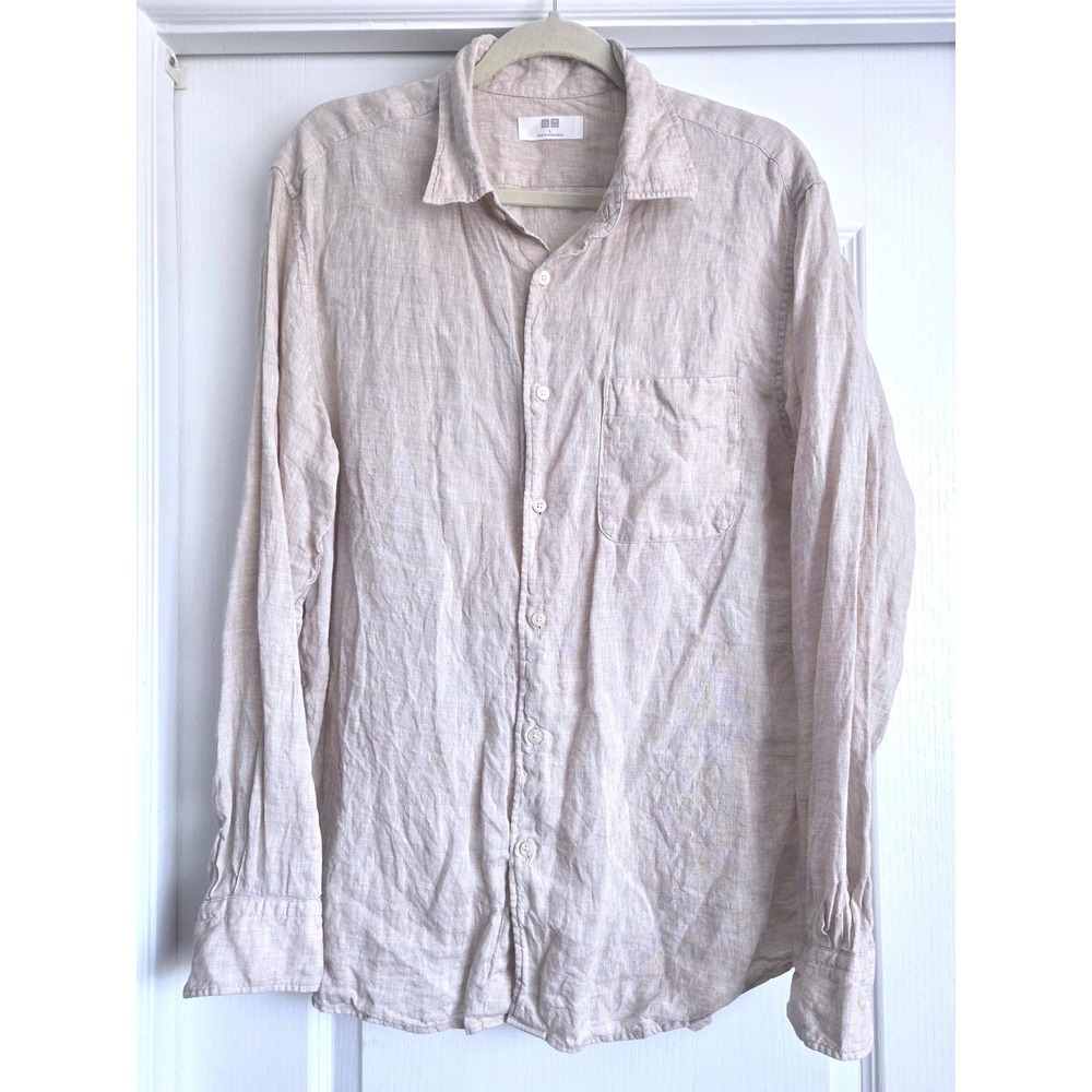 Uniqlo Premium Linen Long Sleeve Button Up Shirt Beige Tan Mens Sz Large